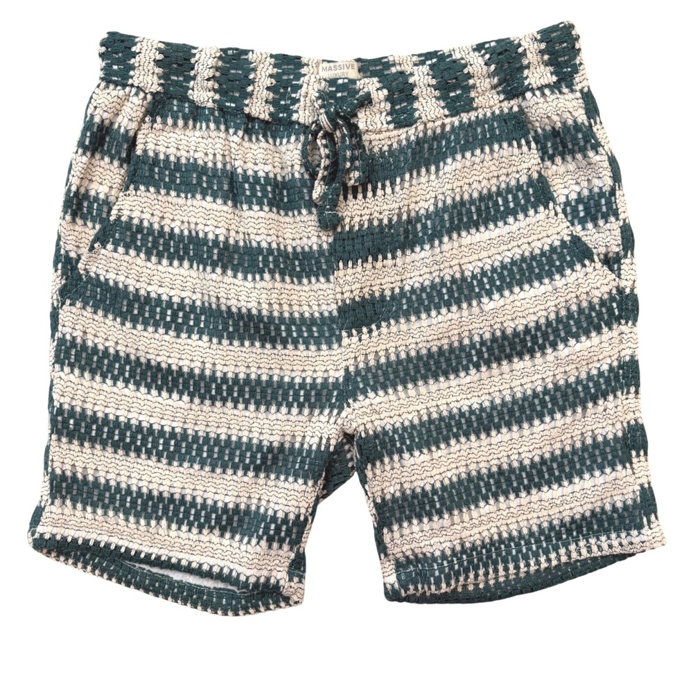 Massive Luxury NYC Green Cream Striped Knit Crochet Shorts Drawstring Pocket M